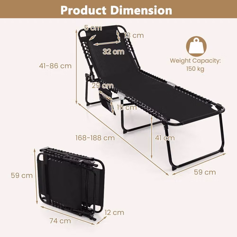 Costway Black Folding Patio Chaise Lounge Chair with Adjustable Headrest and Textilene Fabric – 2