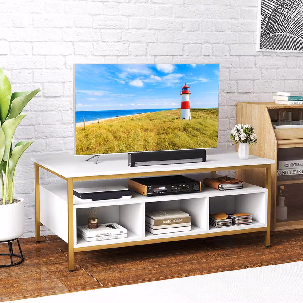 Gymax 3-Tier Rectangular Coffee Table with Shelf, White Metal and Wood Frame – 6