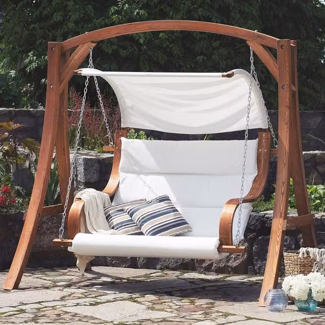 Wyld Haus Everwood 2-Seater Garden Swing with Sun Canopy in Larch Wood and White and Brown Fabric – 1