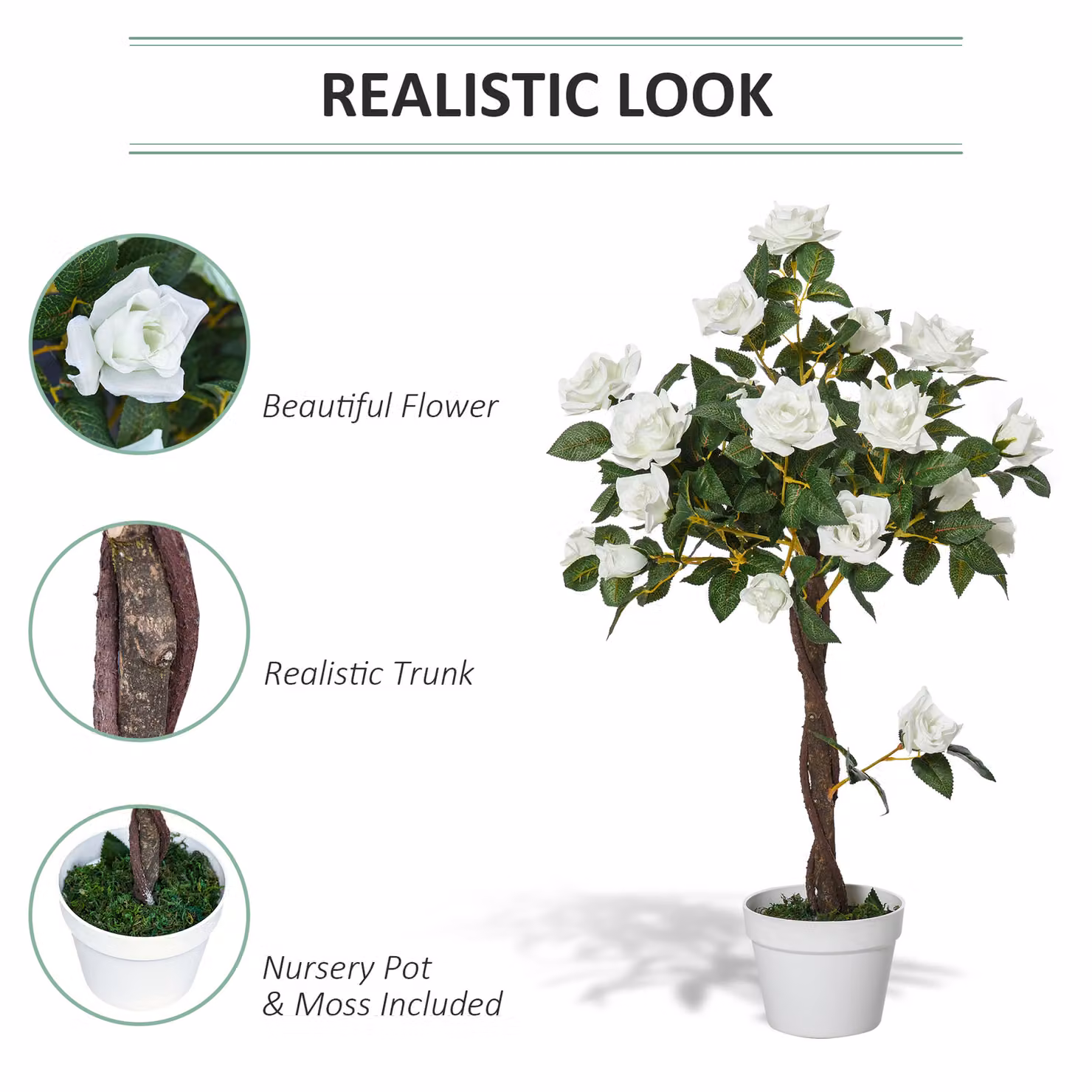 Outsunny Artificial Rose Tree with 21 White Flowers in a Green Pot, Height: 90 cm – 5