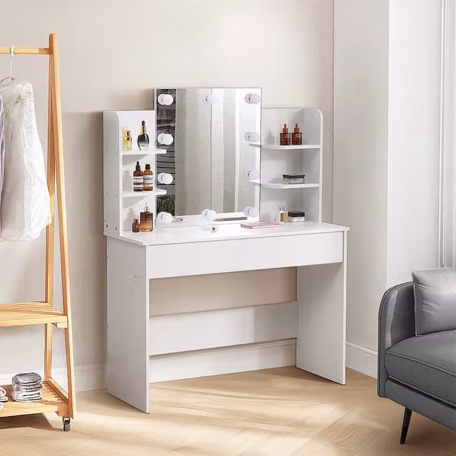 Komore White Minimalist Dressing Table with Lighted Hollywood LED Mirror and Side Storage Shelves