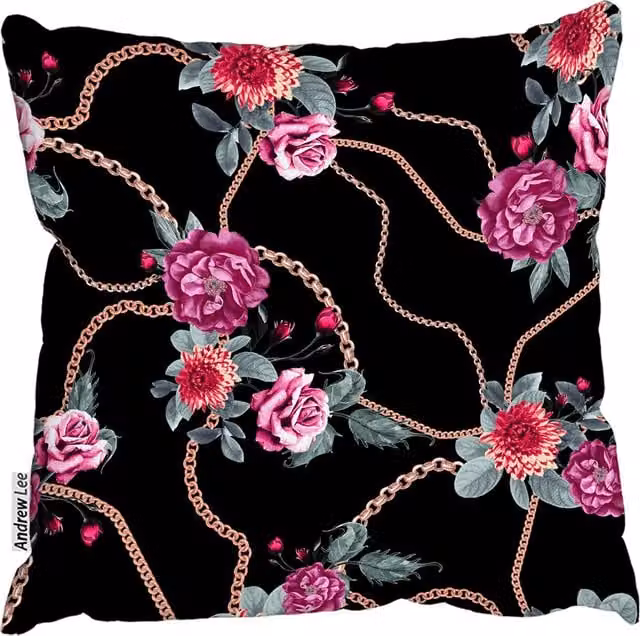 Andrew Lee Black Chain and Floral Pattern Square Cushion, W/D/H: 60 x 60 x 1 cm