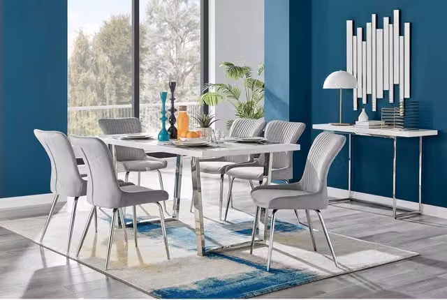 FurnitureboxUK Kylo White High Gloss Rectangular Dining Table and 6 Nora Light Grey Chairs with Silver Legs