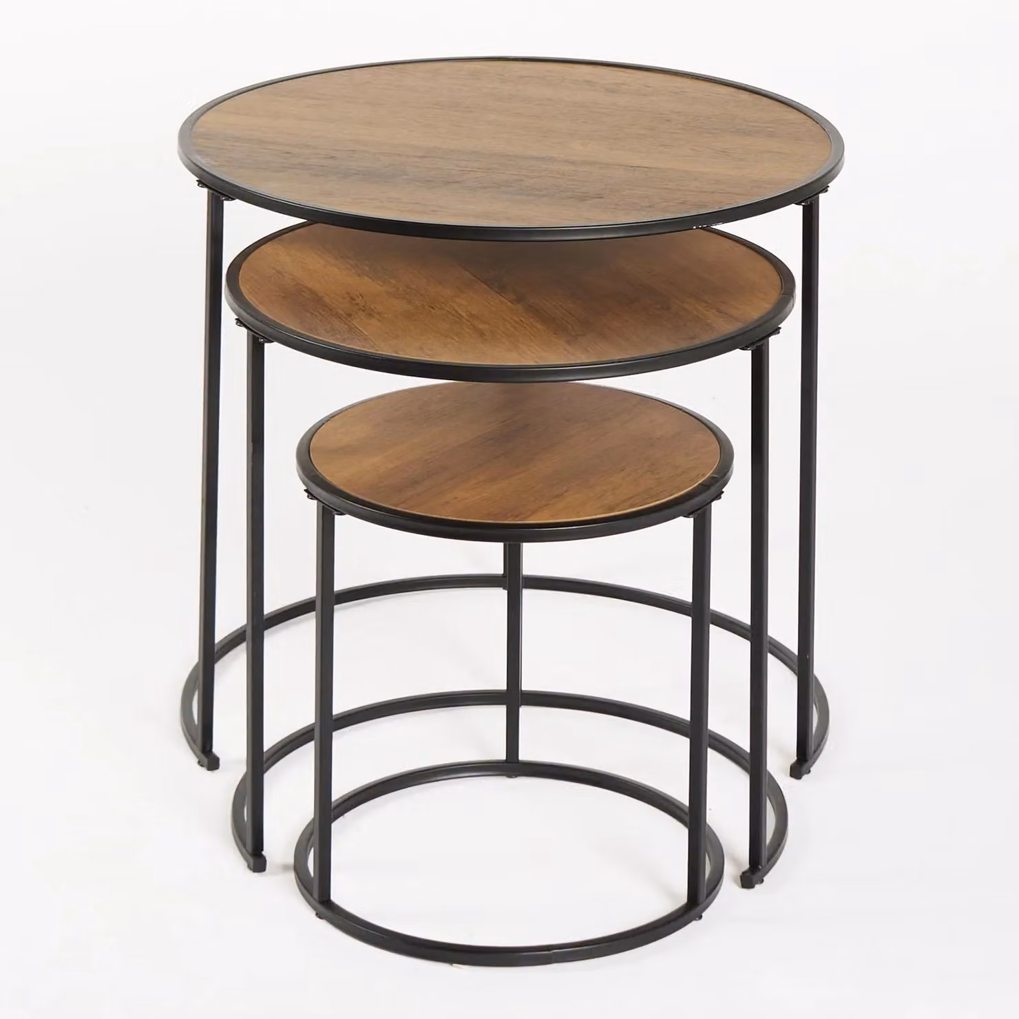 OHS Manhattan Round Nesting Side and Coffee Table Set with Metal Frame in Brown Walnut – 3