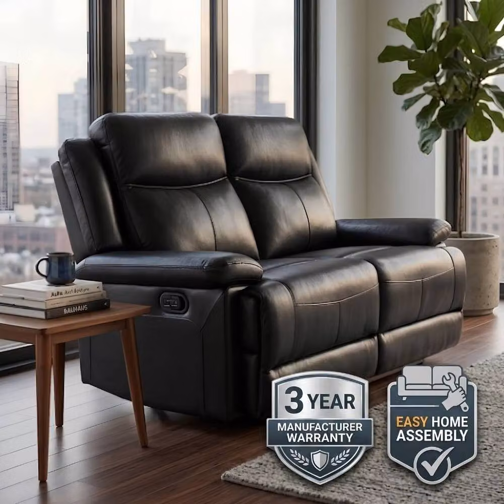 Home Luxe Interior Casper 2 Seater Manual Recliner Sofa in Black Leather, W: 130 cm, D: 45 cm – 6