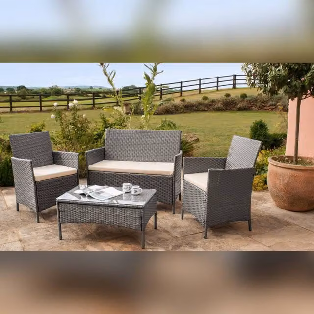 Comfy Living Ltd 4-Piece Grey Polyrattan Garden Patio Furniture Set with Upholstered Cushions, 2-Seater Sofa, 2 Armchairs and Glass Coffee Table – 1