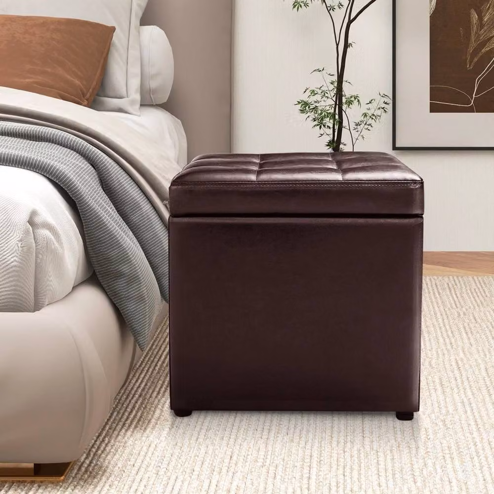 Havendro Brown Synthetic Leather Upholstered Cube Ottoman with Removable Lid – 3