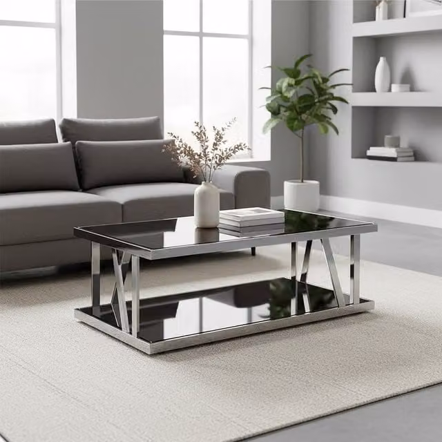 Orsina Modern Rectangular Black Glass and Silver Metal Coffee Table W/D/H: 130 x 70 x 42 cm – 1