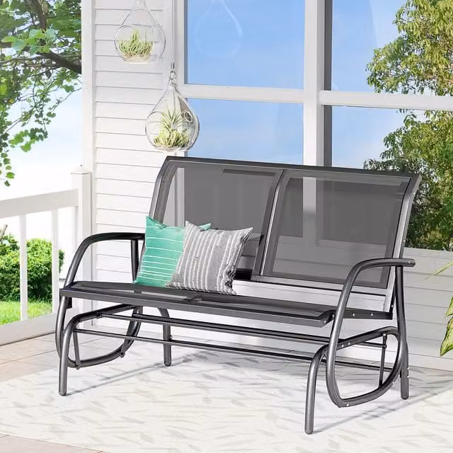 Outsunny 2 Person Patio Glider Bench Swing Chair in Black with Cushions and Armrests