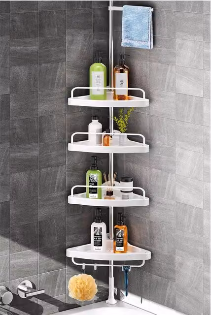 Dprodo Adjustable Corner Shower Tension Pole with 4 Tier Shelves in White – 1