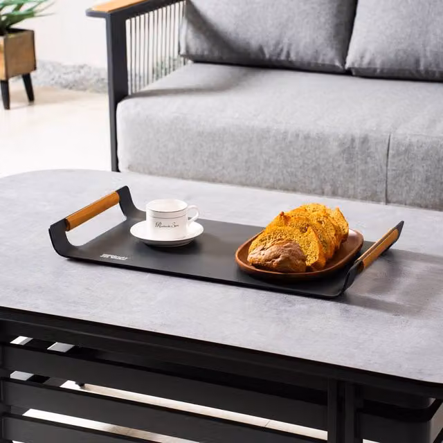 MIMO Garden Grey Aluminium Rectangular Outdoor Tray with Teak Handles