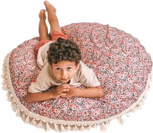 MiniCamp Round Tassel Floor Cushion in Pink with Removable Washable Cover