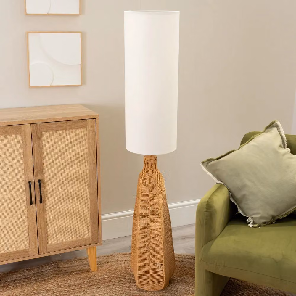 ValueLights Una White Tall Rattan Midi Floor Lamp with Wood Details – 3