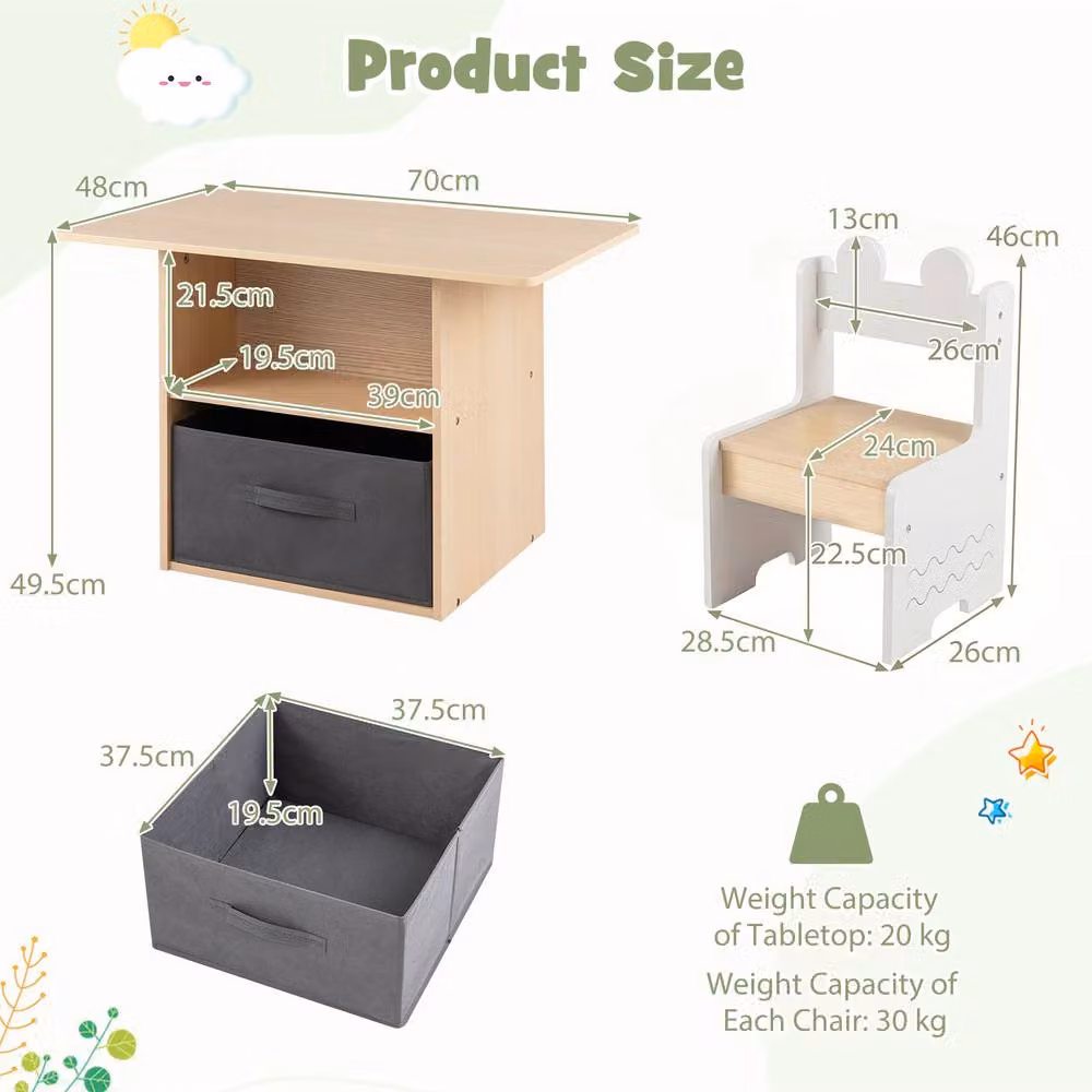 CASART Kids Wooden Activity Table and 2 Chairs Set with Drawer in Sand – 2