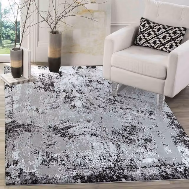Modern Serenity Abstract Machine Woven Area Rug in Black and Grey, Rectangular