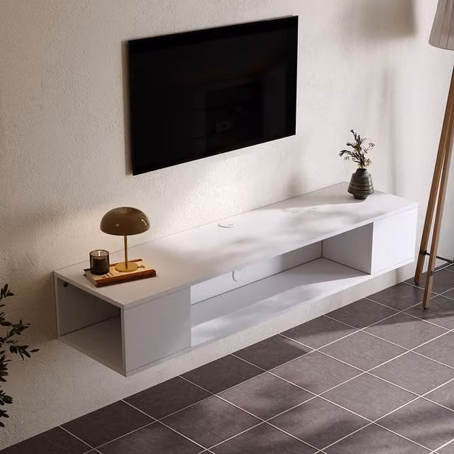 Livingandhome Modern White Wall Mounted Floating TV Unit with Media Storage Compartments and Grommet