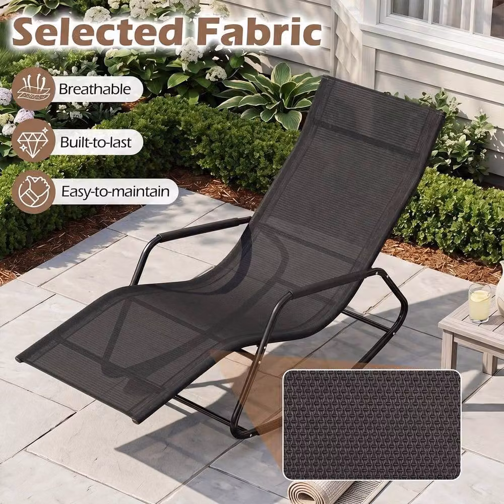KORVIXA Black Patio Lounge Chair with Curved Armrests and Textilene Fabric – 5