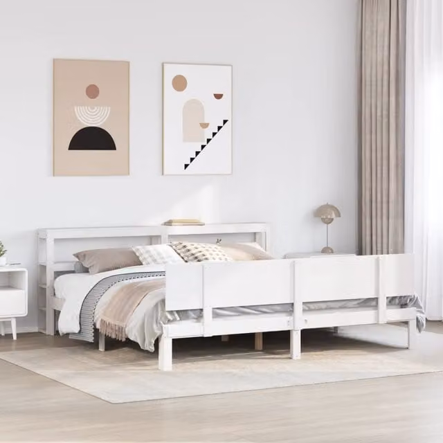 Berkfield Home White Rustic Solid Pine Bed Frame with Headboard and Side Compartments, 200 x 200 cm