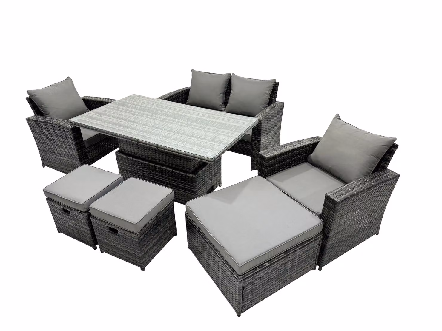 Fimous 7 Seater Rattan Outdoor Dining Set with Adjustable Height Rectangle Table and Love Sofa in Dark Grey – 2