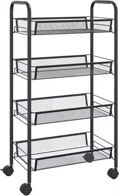 NESTLUNE 4 Tier Black Metal Kitchen Storage Trolley and Fruit Cart with Wheels
