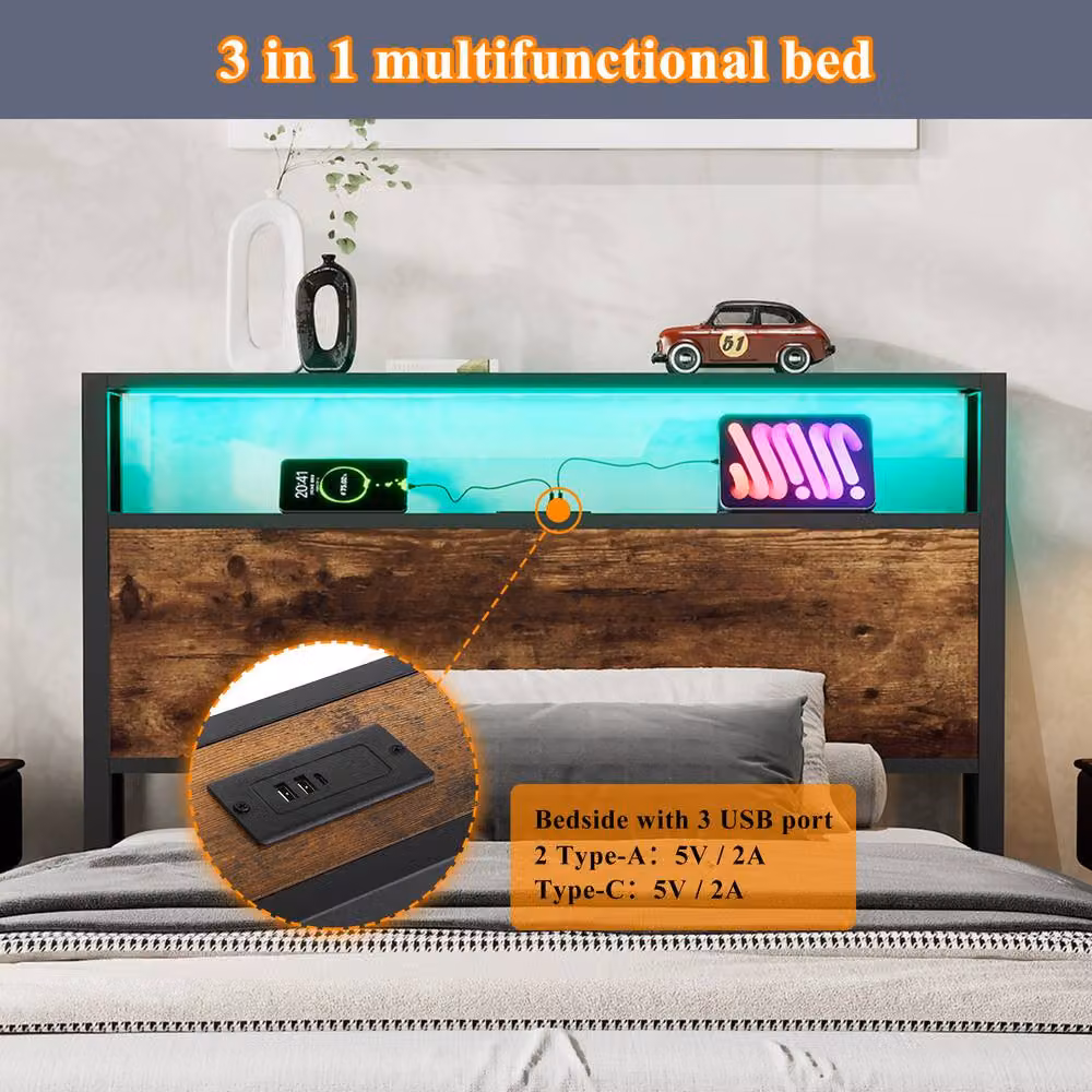 BTM Metal Bed with LED Under-Bed Lighting, USB Charging Ports and Storage Drawers in Walnut and Black, W/D/H: 140 x 200 cm – 7