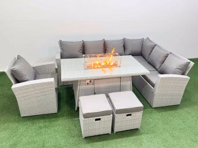Fimous 9 Seat Rattan Garden Furniture Corner Sofa Set with Gas Firepit Table in Light Grey