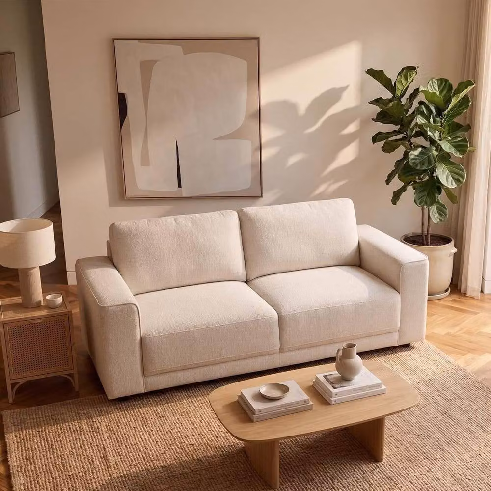 Furnishings For Less UK Melrose 2 Seater Woven Beige Fabric Sofa with Removable Back Cushions – 3