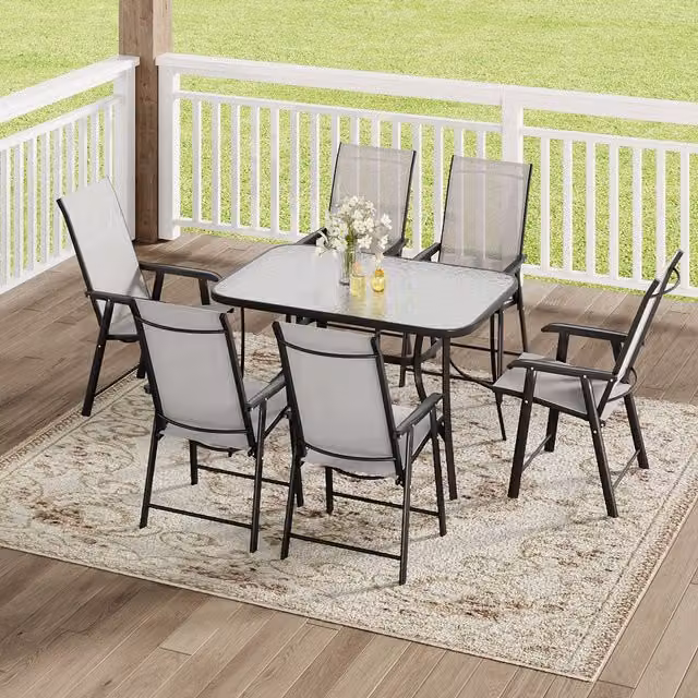 Komore 6 Seater Modern Patio Set with Black Glass Table and Grey Foldable Chairs, Table Width: 120 cm