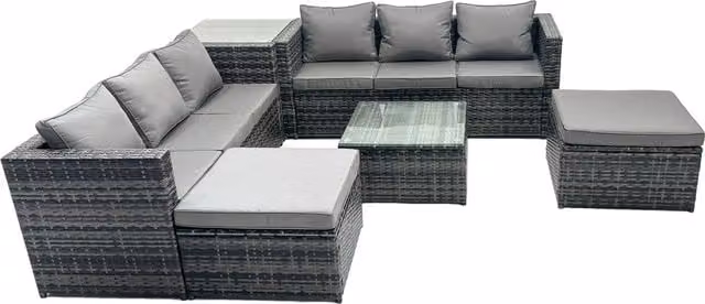 Fimous 8-Seater L-Shape Rattan Garden Sofa Set in Grey with Upholstered Cushions and Coffee Table