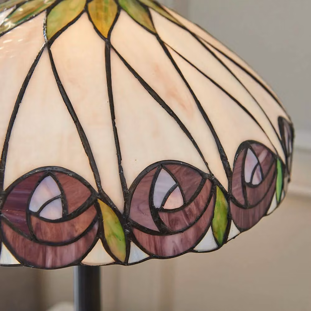 Loops Tiffany Glass Table Lamp with Mackintosh Red Rose Shade in Dark Bronze and Multicolour – 4