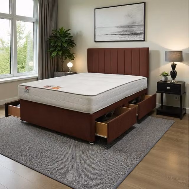Knight Sleep Paris Plush Bed Set with Mattress and 4 Drawers in Brown, Small Double, W/D/H: 120 x 200 cm