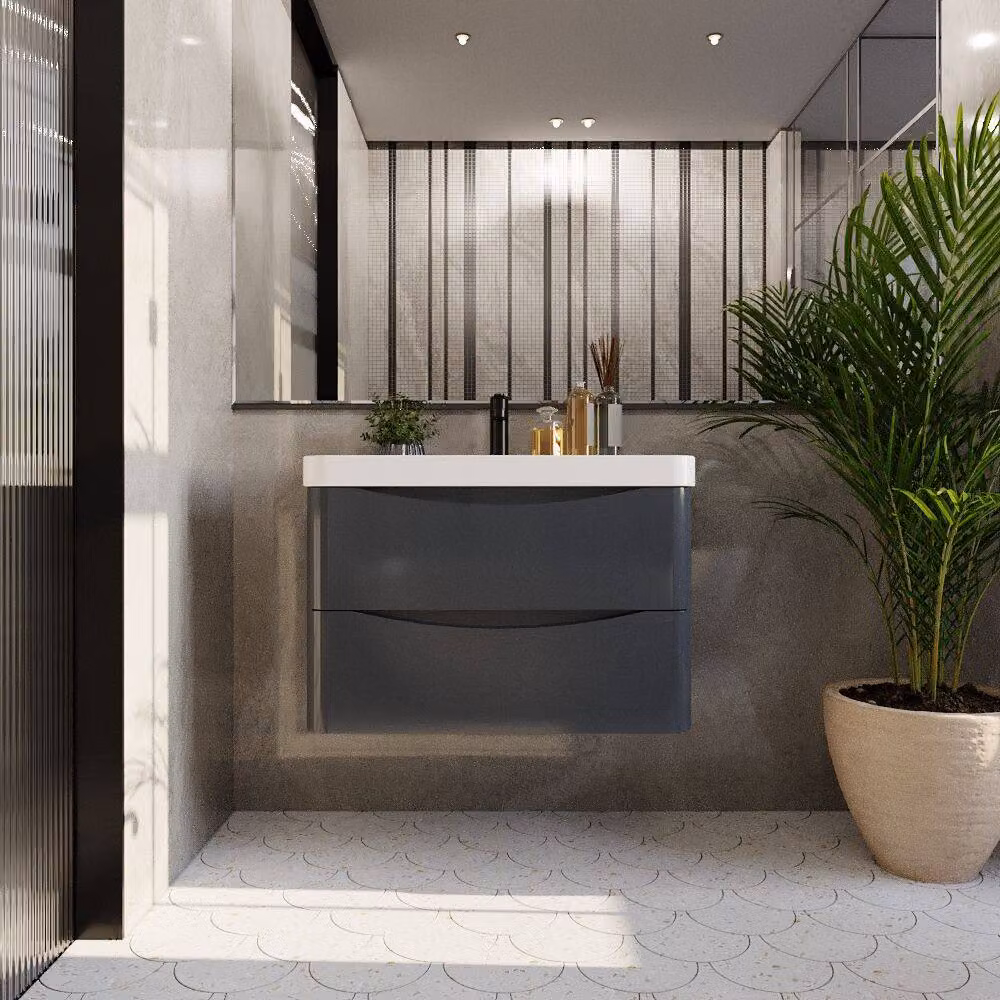 Balterley Modern Wall Hung 2 Drawer Bathroom Vanity with Ceramic Basin, Dark Grey, Width: 80 cm – 2