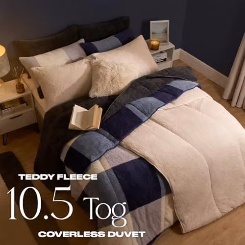 OHS Gingham Teddy Fleece Coverless Double Duvet and Pillowcase Set, 10.5 Tog, Grey, W/D/H: 200 x 200 cm – 2