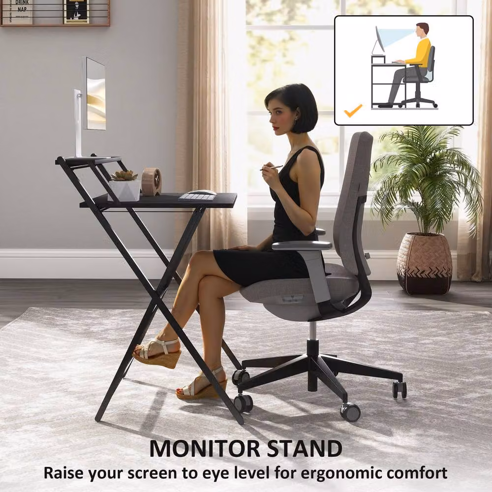 STILVORA Modern Black Metal Desk with Monitor Shelf and Folding Frame – 7