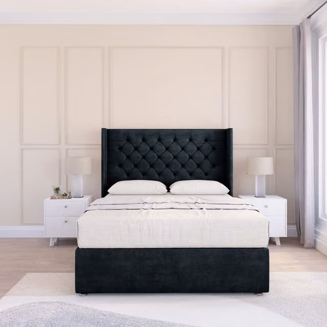 Sloomy Dior Naples Black Velvet Wingback Bed Set with Floor Standing Headboard, W/D/H: 120 x 200 cm
