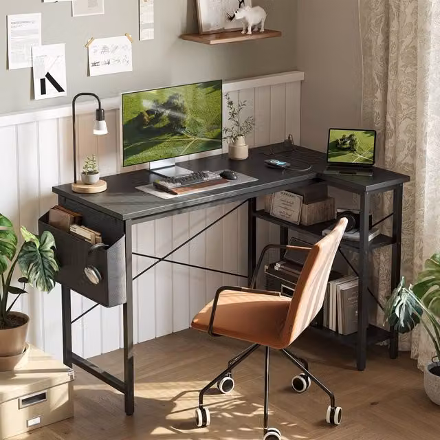 BEXEVUE Black L-Shaped Gaming Desk with Power Outlets and Shelves, W/D/H: 120 x 70 x 75 cm