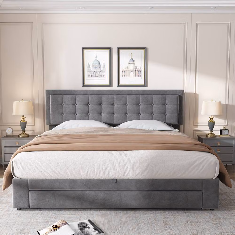 Rolipo Grey Velvet Upholstered King Size Bed with Hydraulic Lift Up Storage and Headboard W: 150 cm, D: 200 cm – 2
