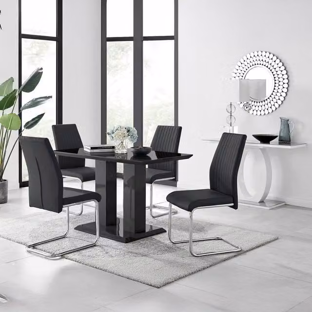 FurnitureboxUK Imperia 4 Modern Black High Gloss Rectangular Dining Table and 4 Lorenzo Chrome Chairs Set