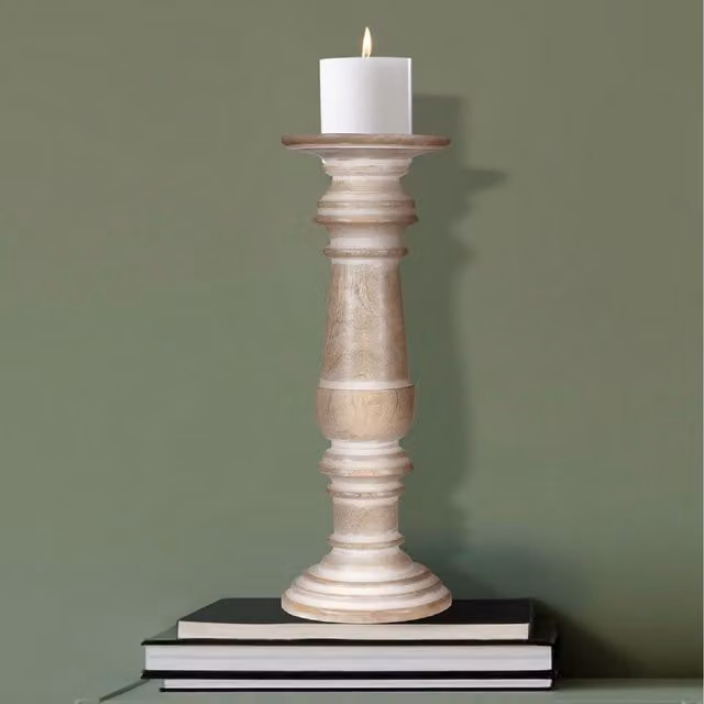 Topfurnishing Rustic Antique Carved Wooden Pillar Church Candle Holder in Brown and Yellow, Height: 15 cm