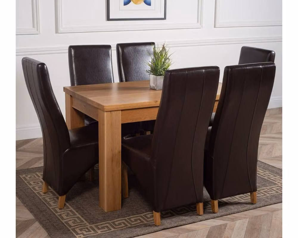 Thats Furniture Dakota Oak Dining Table and 6 Lola Brown Leather Upholstered Chairs Set, W: 127 cm, D: 82 cm, H: 77 cm – 5