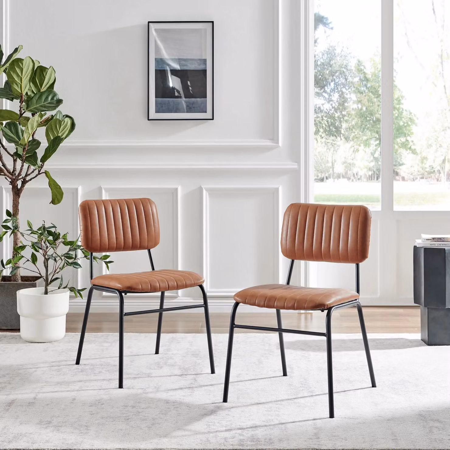 FurnitureboxUK Set of 2 Delta Industrial Dining Chairs in Tan Faux Leather with Metal Cantilever Base – 2