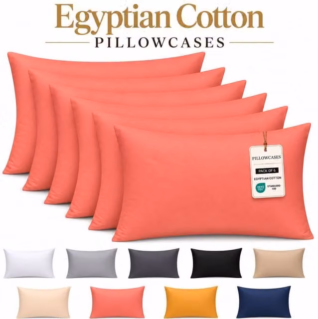 Pamposh Egyptian Cotton Pillowcases, Pack of 6, Coral, 400TC Mako Satin with Envelope Closure – 1