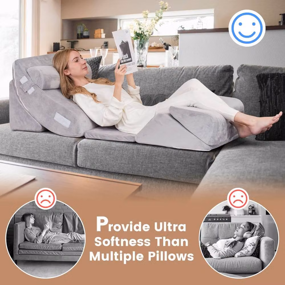 Costway 6-Piece Memory Foam Bed Wedge Pillow Set with Removable Covers in Silver/Grey – 3