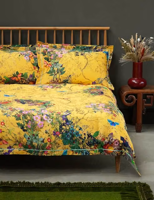 Timorous Beasties Bloomsbury Garden Floral Mako Satin Cotton Bedding Set, Yellow Mix, W: 140 cm, L: 200 cm