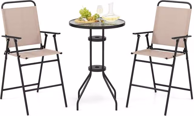 Costway Modern Brown Patio Bar Table with 2 Folding Chairs and Round Glass Top