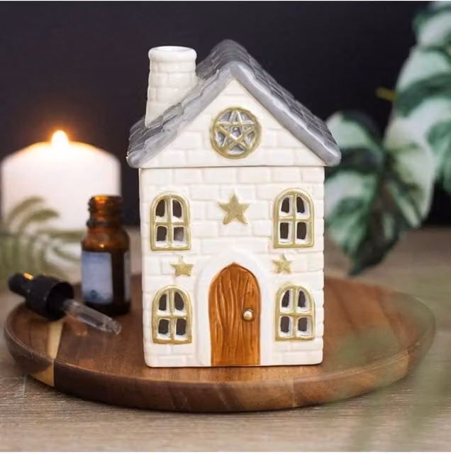 KDMD Stone Cottage Oil Burner - Rustic White Ceramic Tealight Wax Warmer
