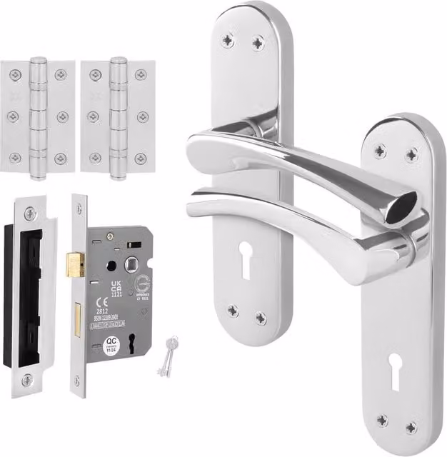 AFIT Chrome Twist Handle Sashlock Hinges Set with Novi Backplate in Metallic Silver, 15 x 15 cm – 1