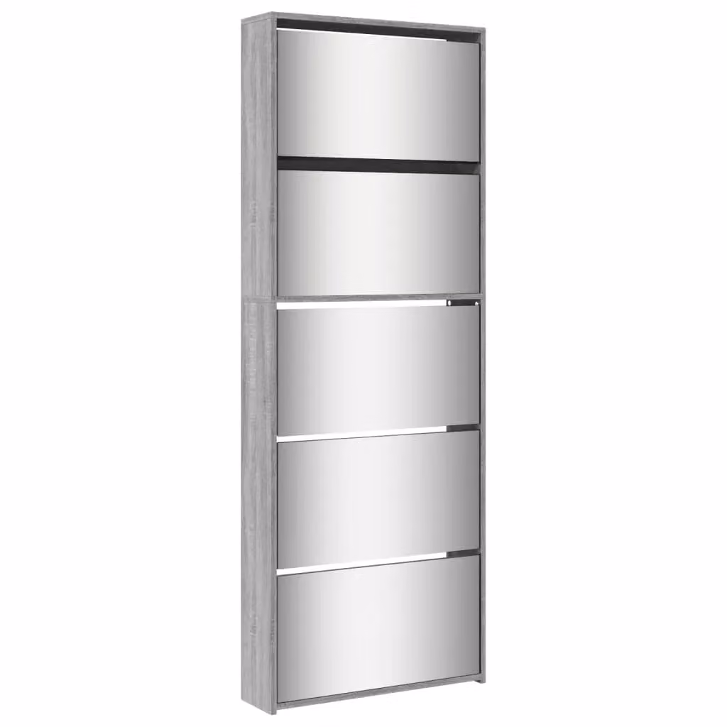 Berkfield Home Modern Grey Shoe Cabinet with Mirror and Tilting Compartments, W: 63 cm, D: 17 cm, H: 169.5 cm – 2