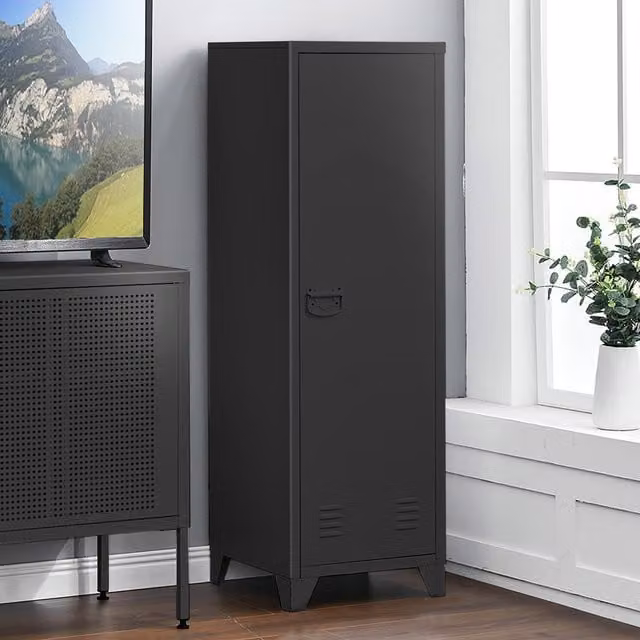 Livingandhome Modern Matt Black Metal Freestanding Filing Cabinet with Adjustable Shelves and Hinged Doors