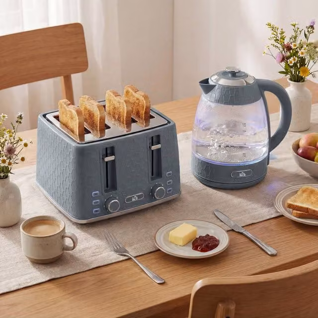 HOMCOM Grey Glass Kettle and Toaster Set – 1